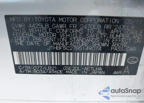 2011 Lexus Is 250 from USA, damaged, VIN JTHBF5C27B5149074
